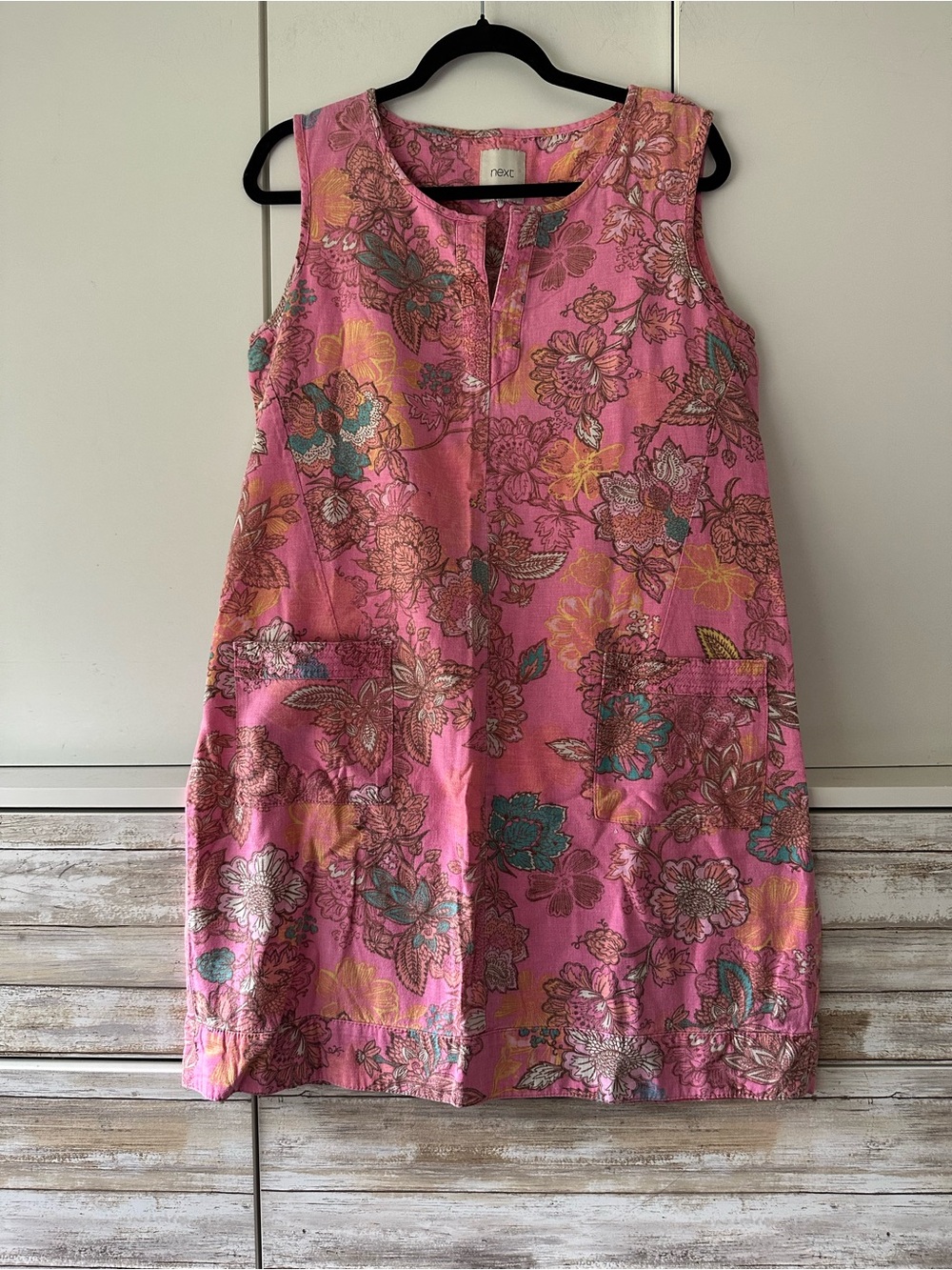 🌸 Next Linen Blend Floral Shift Dress with Pockets Pink UK 14 US 10